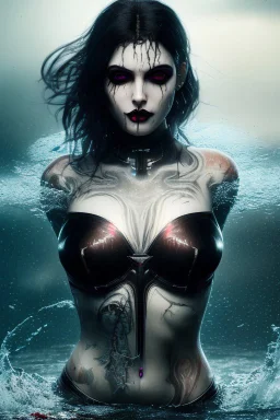 A beautiful Goth girl, dark black makeup, dark under eyes, white hair, action image of her braking water surface, freedom, dramatic, highly detailed, 8k, abstract