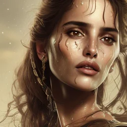 best quality, realistic lighting, masterpiece portrait of Penelope Cruz from pirates of the Caribbean, details, light dusting of freckles,wet luscious lips, shot from above, simple chain hauberk, warhammerVector art matte painting digital illustration 3D shading CryEngine Behance HD 3Delight