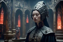 4K Xue Wang style, young Parcival, Avant-garde futuristic Medieval cyber fashion, talks to Cardinal's Council, Austrian Symbolism, arcane atmosphere, Veermer-Louise Nevelson Ancient misty Art, by Mario Bava movie