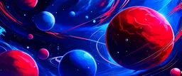 anime galactic space with planets in red, blue colours