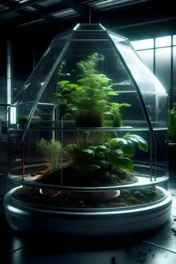 an indoor greenhouse levitating in space