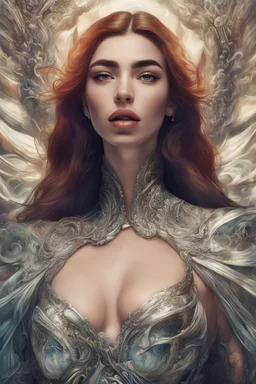 100 years old women Dua Lipa subject is a beautiful long ginger hair female in a style women on ice in a sea devil Hans Ruedi Giger style render eye candy oil paiting In depth New York City detailed render eye candy breathtaking Greg Rutkowski, Artgerm, WLOP, Alphonse Much style erect bombshells Pop Art psychology oil paiting In depth psychology display in the background