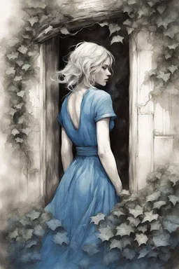 b&w sketch art, close up white woman in a blue vintage dress, background old wooden door, overgrown with green ivy with blue flowers, cracks, brick, sepia, watercolor, by Ryohei Hase, Agnes Cecile, Raymond Swanland, Anne Bachelie