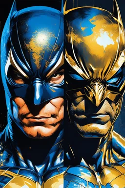 Poster in two gradations, split in half, one side "spiderman", other side "batman", midline of the face, painting by Yoji Shinkawa, dark blue and gold detailed iridescent, metallic, translucent, dramatic lighting, hyper futuristic, digital art,