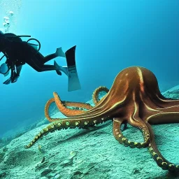 Diver riding a big octopus