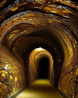 A brownish bronze cave with twisting and turning tunnels painted by Gustav Klimt