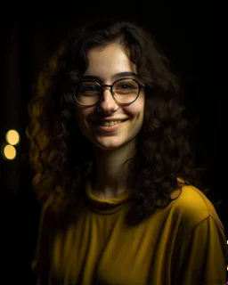 Jeune femme au sourire éclatant, longue et élancée, button nose, strong proeminent jawline, cheveux noirs, longs, bouclés et volumineux, porte de grandes lunettes rondes à la monture transparente. Elle porte un t-shirt de couleur jaune moutarde avec une chemise florale transparente. Rembrandt style lighting, 8k, portrait, HD.