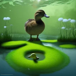 duckweed floating on a pond with a scientist