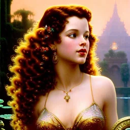 Hyperdetailed oil on canvas, young robyn lively by an ornate fountain, goldfish pond, lotus, detailed face, long muti-hued red curly hair; by gaspar camps, maxfield parrish, alphonse mucha, cyril rolando, dan mumford; luminous colorful sparkles, glitter, airbrush, octane render, volumetric lighting, 16k