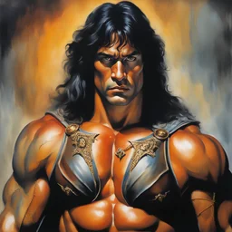 Conan the Barbarian as Superman, dark, multicolored watercolor stained wall in the background, oil painting in the art style of Boris Vallejo, 32k UHD, Hyper realistic, photorealistic, realistic, sharp, highly detailed, professional quality, beautiful, awesome, majestic, superb, trending on artstation