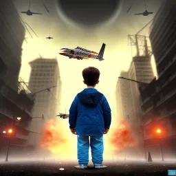 a little boy in a apocalypse city with big buildings, and smoke in the air, with flying machines, cats in the streets