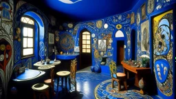 A dark blue chaotic realm with pixies designed in Mexican folk art painted by Antoni Gaudi