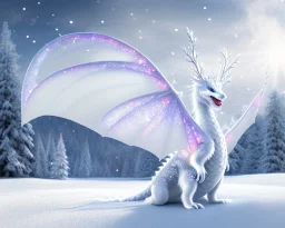 mdjrny-v4 style, a white dragon with fairy-like transparent glowing and sparkly wings standing in snow, full body, silver lightning, glowing soft and smooth wings, realistic, highly detailed intricately detailed, shiny snowy background, soft studio lighting, trending on artstation, by artist "Julie Bell", by artist "Greg Rutkowski"