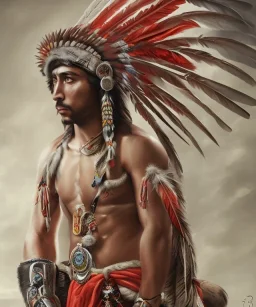 Guaicaipuro, native american god, 30 years old, Muscular warrior, red feathers headdress, shirtless, fearce look