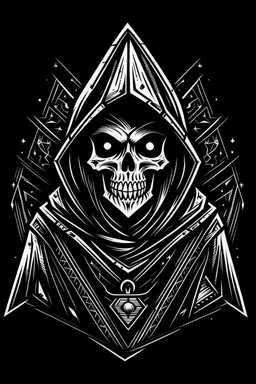 skeletor, skeleton in a black hooded cloak drawn in a retro mascot style, inside a diamond shape on a black background, monochromatic