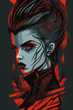 Create a wild, imaginative, goth punk vampire girl with highly detailed facial features, in the vector graphic style of Nirak1,Christopher Lee, and Cristiano Siqueira, utilizing simple shapes , vibrant colors,