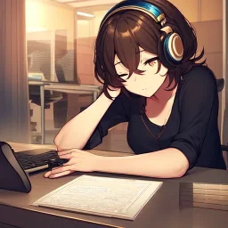 anime girl, dark brown copper hair, short wavy hair, casual clothes, jeans, computer, dark room, headphones, tall, very sleepy, both eyes closed, head resting on hands, sitting in computer chair, hands on desk, looking away, eyes fully closed