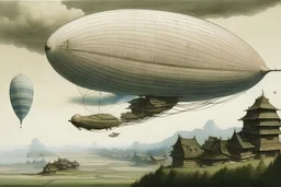 An airship in a windstorm above a village by Katsushika Hokusai