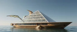 benign transparent superwood alien mega scifi pyramid katamaran ark boat with superwood draw bridge and wing doors