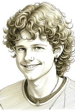 Drawing of a White boy 18 years old with dark blonde curly mullet hair and one silver circle earring. He is smilling