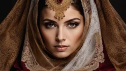 A woman with striking golden-brown eyes, which are partially concealed by a dark red headscarf. Her shyly looking into the camera. The combination of her lace headscarf, beautiful eyes and the fine lace of her veil creates an intriguing and visually appealing scene, highly detailed, high contrast, perfect lights, masterpiece