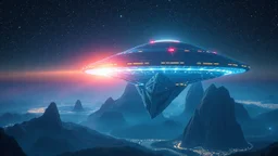 Ethereal holographic self iluminated hyper futuristic flat mothership over Es Vedra in a starry night