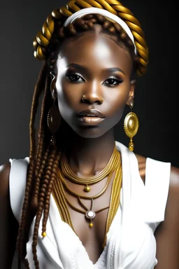 african fantasy girl with braids and citrine eyes wearing in white long coctail dress