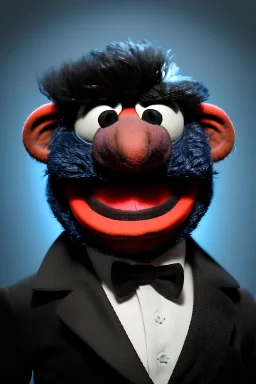 Waist up muppet Portrait, Nicolas maduro as muppet doll, black mustache, black suit, photo studio, blue background, unreal engine 5, concept art, art station, god lights, ray tracing, RTX, lumen lighting, ultra detail, volumetric lighting, 3d.