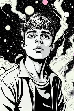 A vibrant illustration of a psychedelic , 𝙘𝙤𝙨𝙢𝙞𝙘 𝙝𝙤𝙧𝙧𝙤𝙧 in a scott pilgrim style, in a white and black background, a with man with short hair