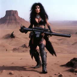 tattooed Julie Strain in action, standing on a dusty hill in the badlands - Heavy Metal F.A.K.K.2 her machine-gun in hand (shot from The Dark Crystal, 1982 dark fantasy film directed by Jim Henson and Frank Oz)