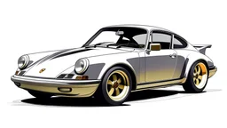 Créer une illustration d'une porsche avec des vitres teintées dégradés de couleur, roues et des phares avec des dégradés de couleur. Assurez-vous que la carrosserie pas de dégradé de couleur. dessiné à la main, style lines art vector, ligne fines, contour noir, fond blanc brut, pas de dégradé, ludique, de haute qualité, dessiné