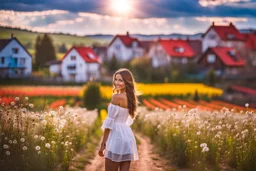 Young woman in flower field in country side ,river, houses,blue sky ,nice clouds,god rays