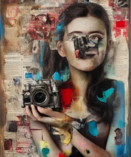 happy beautiful girl holding big proffesional camera in studio. street art, oil on canvas, spray paint, collage, letters, newspapeers, Dave McKean, Vladimir Fedotko, Saturno Butto, Vaughn Bodé, Frank Wu, James C. Christensen, collage, dirty, paint dripping, radiant