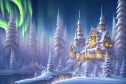  white and gold crystal castle，waterfall, winter snow flakessnow, northern Lights, full of details, smooth, bright sunshine，soft light pink atmosphere, light effect，vaporwave colorful, concept art, smooth, extremely sharp detail, finely tuned detail, ultra high definition, 8 k, unreal engine 5, ultra sharp focus