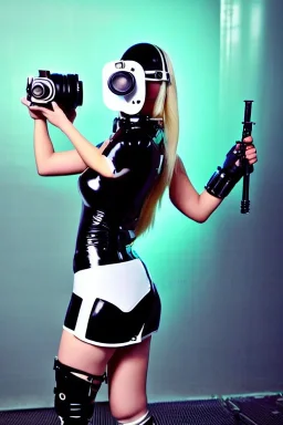 Cyber-punk style camera-mask. Large fencing mask covers cheeks. Trim girls. Reflective white plastic skin. Camera lenses as eyes. Head full of integrated old-fashioned cameras. Golden to cyan surfaces body, latex. Perfect body, thick thighs and calves. Asa Akira. Selfies with old-fashioned cameras in both hands. Wide hip, skirt bleats nicely. Camera at mons veneris and nipples. Partly symmetrical. Three Cameras hanging on wide plastic belt. Euclidean 3D-tiling. Fractal-camera-lens.Minimalism