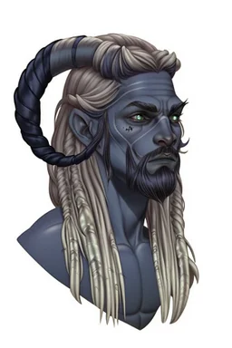 A tieffelin with blue skin and white Dreadlock hair. His pupil-less eyes are green. He wears a small beard.