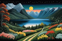 Mountains and fjords in Norway at night by artist "Henri Rousseau",by artist "Kerfluffle"