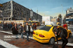 fat man model in a street in a taxi oil painting