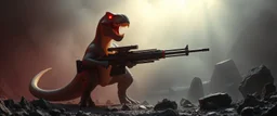 volume fog light, hyper real rock dinosaur general with weapon arsenal from hell