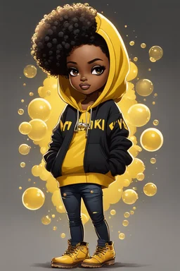 Create an expressionism illustration of a chibi cartoon black female thick curvy wearing a cut of yellow hoodie and black jeans and timberland boots. Prominent make up with long lashes and hazel eyes. Highly detailed shiny black curly afro hair. Background of a large bubbles all around her 2k