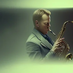 A portrait of a man playing saxophone, blade runner, kiefer sutherland, sebastian vettel, low key lighting, volumetric light, digital art, highly detailed, fine detail, intricate, ornate, complex, octane render, unreal engine, photorealistic