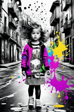 Mixed media picture, the background is black and white line art cityscape. In the middle a colorful photo of a little girl playing in the street, the girl is wearing colorful clothes, her hair is black. enhancing the contrast between her and the black and white cityscape, splash art