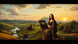 past times Great Leonardo da Vinci is working on his monalisa painting and she is standing as model near him, in a village over high grassy hills,a small fall and river and wild flowers at river sides, trees houses ,next to Ripe wheat ready for harvest farm,windmill ,a few village local shops ,cloudy sun set sky,