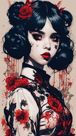 Poster in two gradually, a one side malevolent goth vampire girl face and other side the Singer Melanie Martinez face, full body, painting by Yoji Shinkawa, darkblue and sepia tones, wears a smart shirt which is embroidered with red flowers and ornaments, has dark eyes and horns