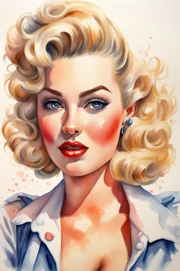 Pin-up, blonde, watercolor, fine rendering, high detail, 8K,