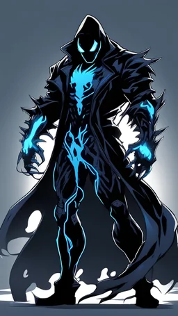 Mix between venom symbiote and Reaper in solo leveling shadow style with neon glowing blue