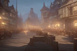 Wooden medieval fantasy port town, daytime, light shafts,