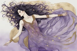 Dynamically dancing long haired brunette woman, in Klimt style, in lilac, watercolor and ink, golden glitters