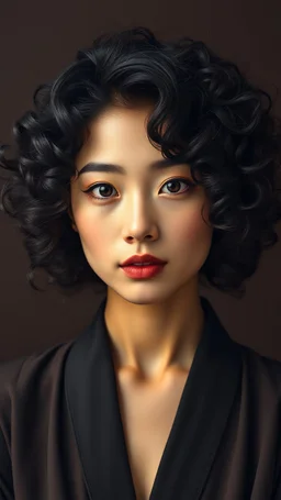 grant wood painting style , a portrait of a beautiful asian woman with curly hair , front view with dark brown side lighting background, ultra high quality with ceramic lighting