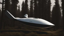 sleek cargo spacecraft landing in a clearing surrounded by trees